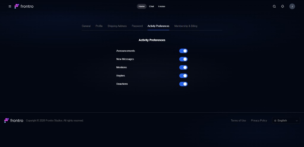 Activity Preferences: toggles for Announcements, New Messages, Mentions, Replies, and Reactions