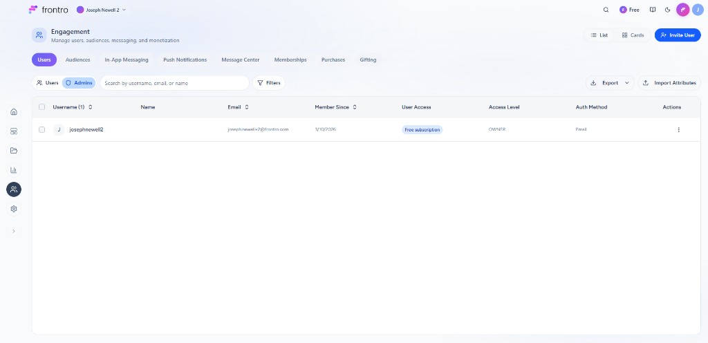 Admins tab: table with Username, Name, Email, Member Since, User Access, Access Level, Auth Method, Actions