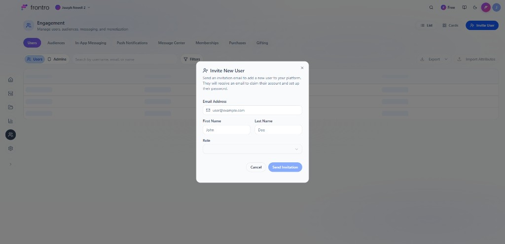 Invite New User modal: Email Address, First Name, Last Name, Role, Send Invitation