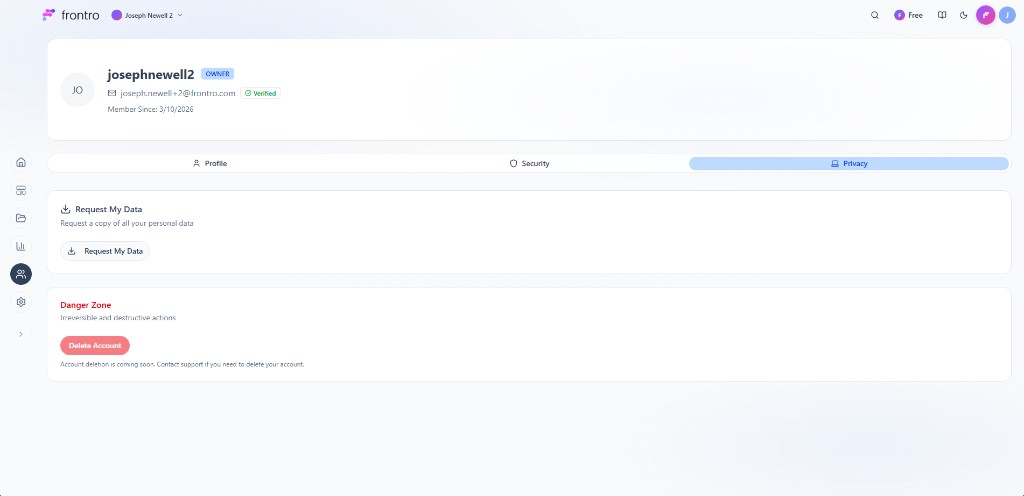 User profile → Privacy tab: Request My Data, Danger Zone with Delete Account