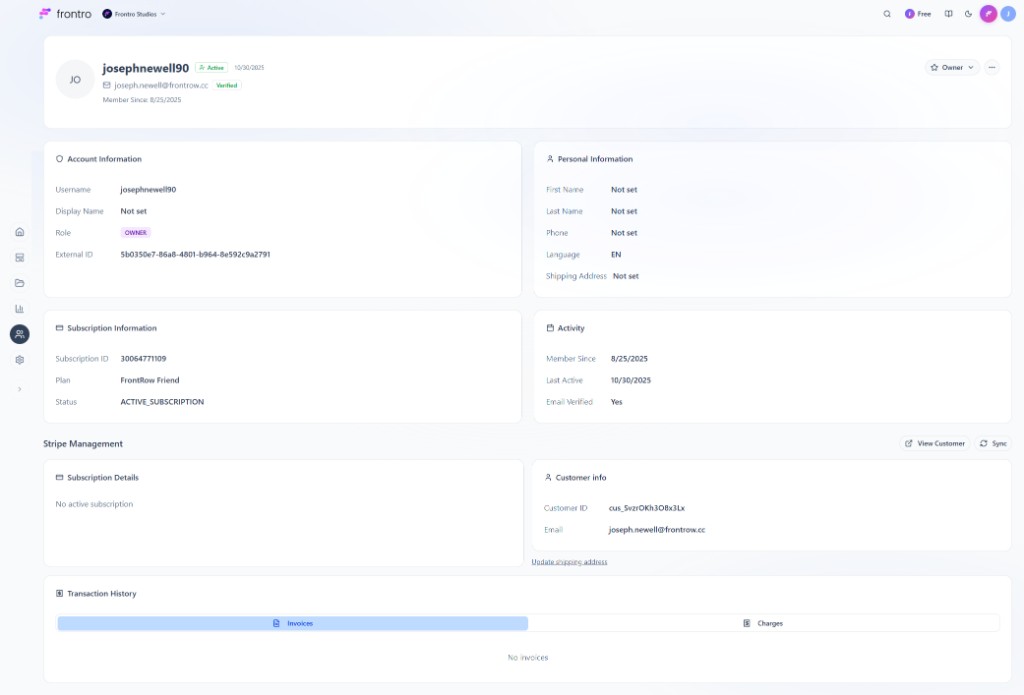 User profile → Profile tab: account summary, account and personal details, subscription and activity, Stripe management, transaction history