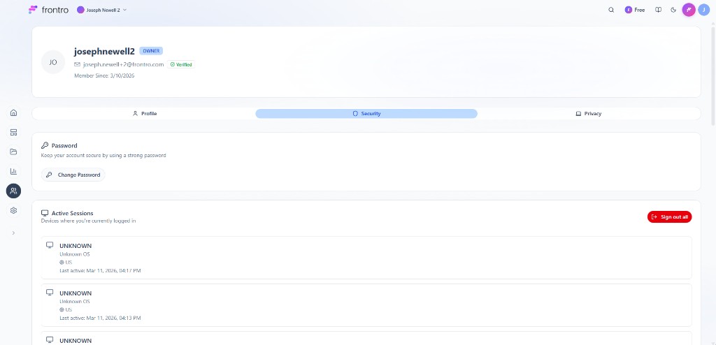 User profile → Security tab: Password with Change Password, Active Sessions with device list and Sign out all