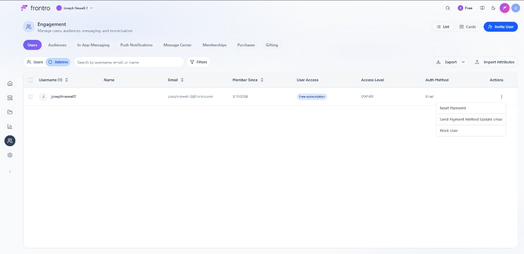 User actions menu: Reset Password, Send Payment Method Update Email, Block User