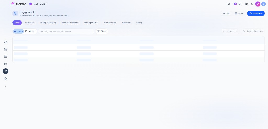 Engagement → Users tab: Users/Admins sub-tabs, search, filters, online/offline and Last Active, Export, Import Attributes, + Invite User