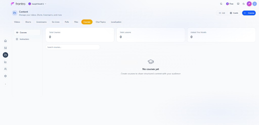 Content → Courses: sidebar Courses/Instructors, stats, + Course, search