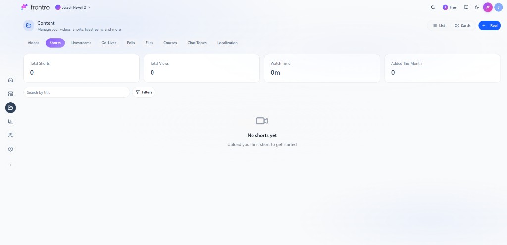 Content → Shorts: stats, search, filters, + Reel, empty or grid view