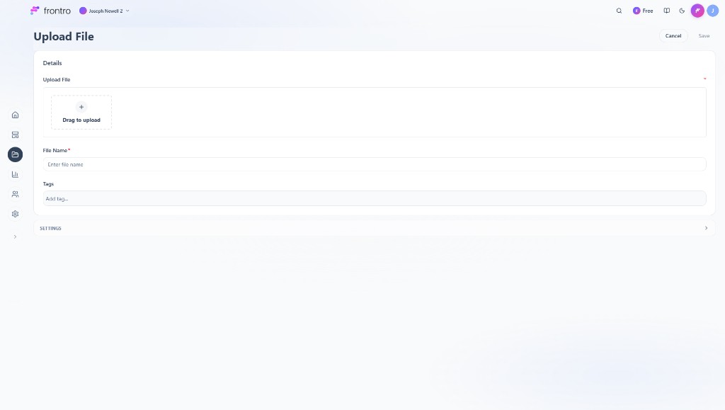 Upload File: drag to upload, File name, Tags, Settings