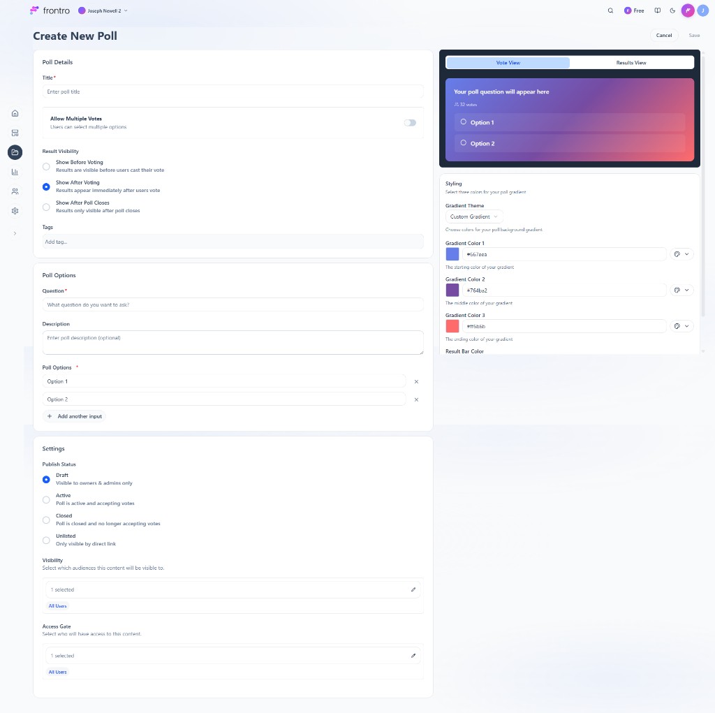 Create New Poll: details, options, settings, preview, styling