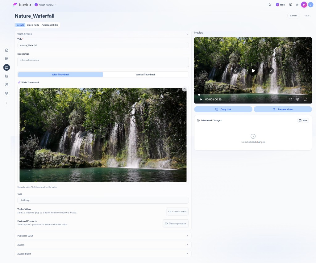 Video edit page: Details tab, Publish status, Access, Accessibility; preview player and Scheduled Changes