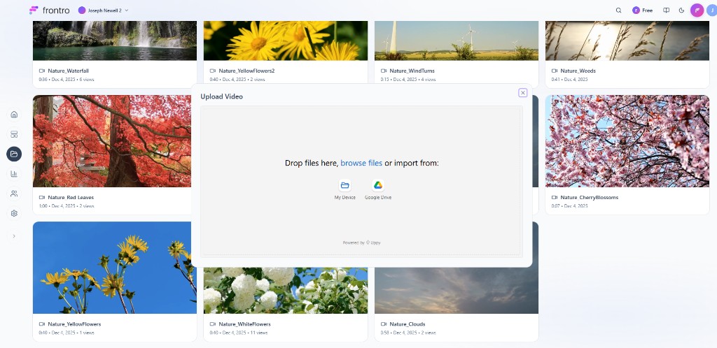 Upload Video modal: drop files, browse, or import from My Device or Google Drive