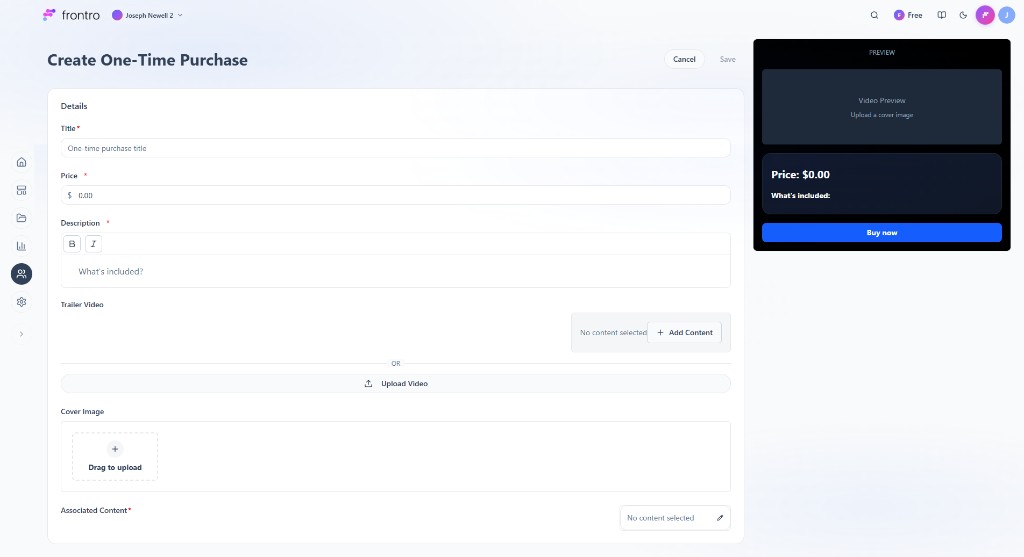 Create One-Time Purchase: Title, Price, Description, What's included, Trailer Video, Cover Image, Associated Content, Preview