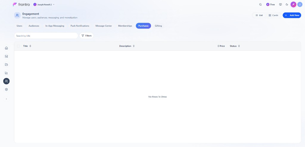 Engagement → Purchases: Search, Filters, List/Cards, + Add New, table Title/Description/Price/Status
