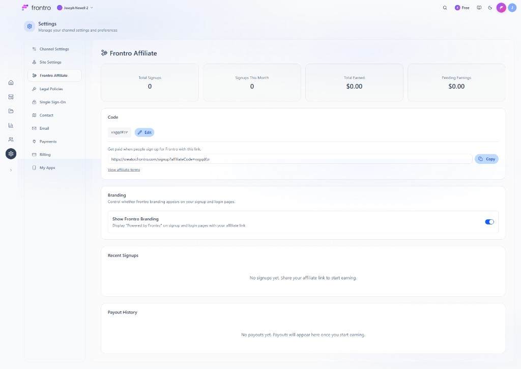 Settings: Frontro Affiliate with Code, Branding, Recent Signups, Payout History