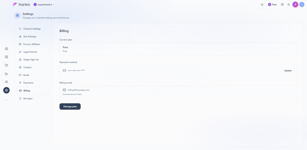 Settings: Billing with Current plan, Payment method, Billing email, Manage plan