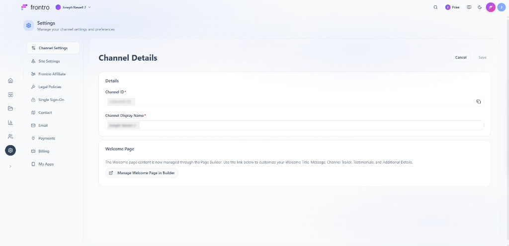 Settings: Channel Details with Channel ID, Channel Display Name, and Welcome Page section with Manage Welcome Page in Builder