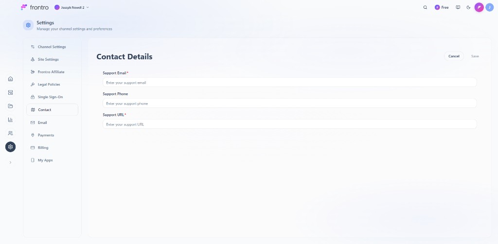 Settings: Contact Details with Support Email, Support Phone, Support URL