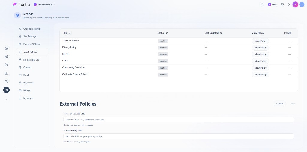 Settings: Legal Policies with internal policies table and External Policies URLs