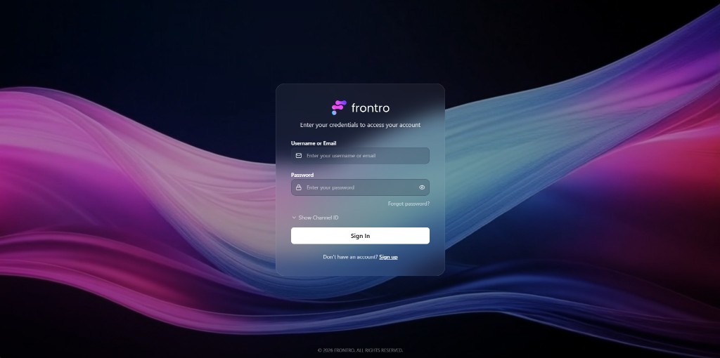 Frontro login screen with username or email, password, Show Channel ID option, and Sign In button