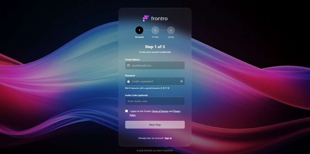Step 1 of 3: Create your account credentials — email, password, optional invite code, and terms checkbox