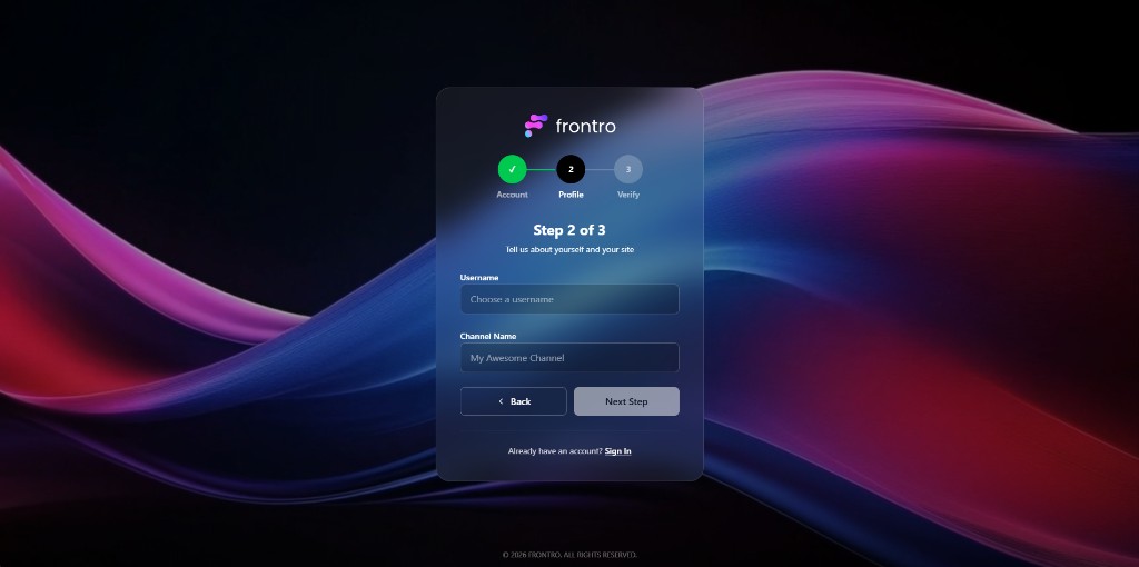 Step 2 of 3: Profile — username and channel name with Back and Next Step