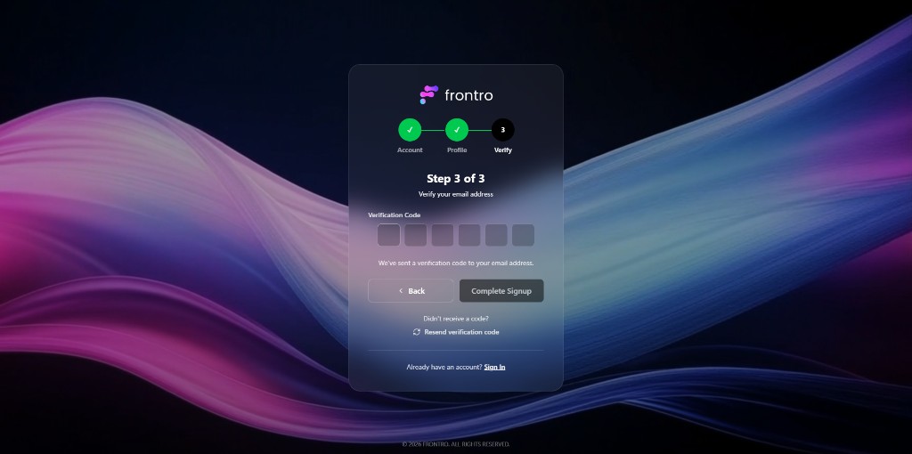 Step 3 of 3: Verify your email address — 6-digit code entry and Complete Signup